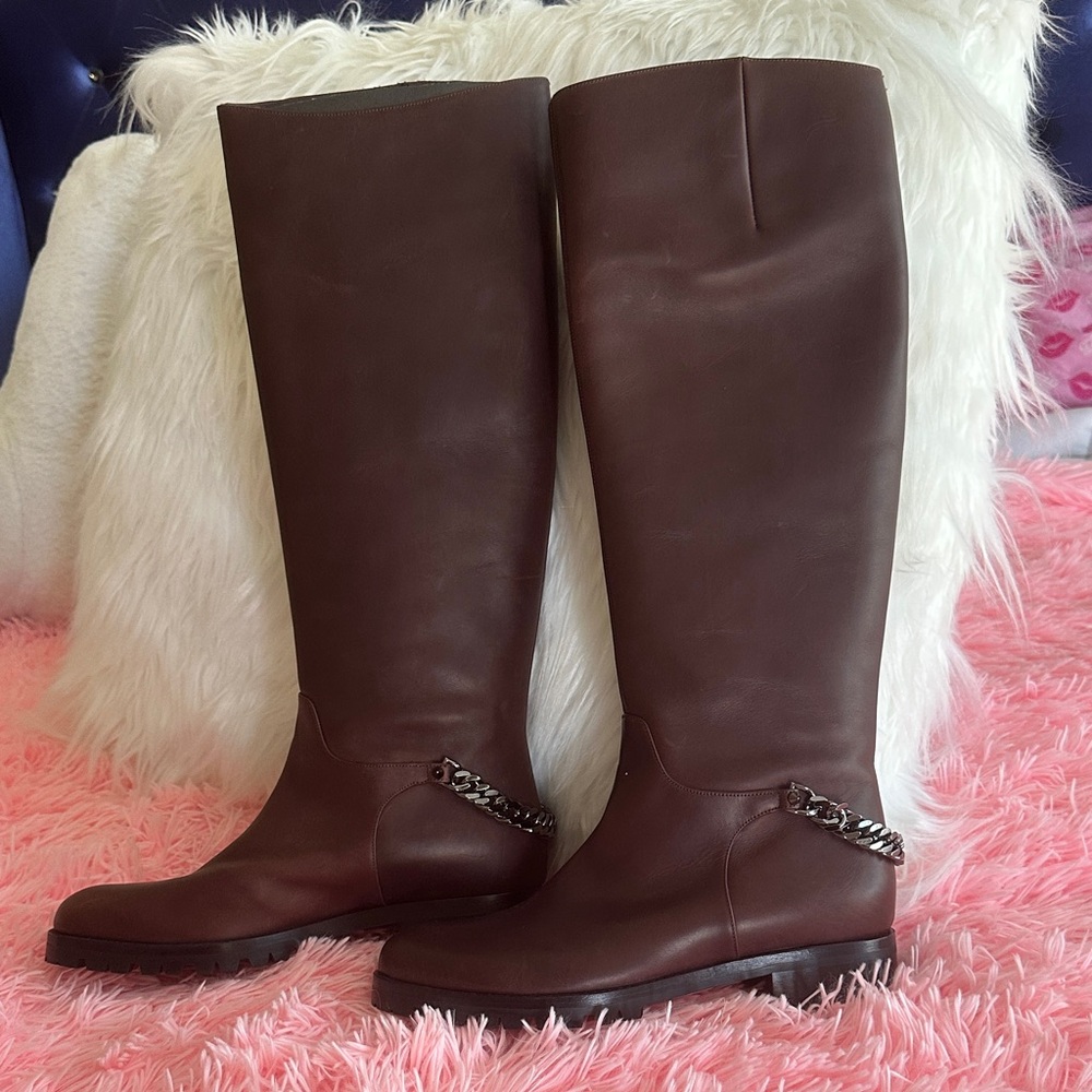 Christian Louboutin Tall Brown Leather Over-the-Knee Boots with Chain Accent